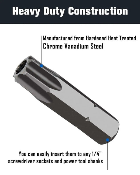 Close-up of Tamper Resistant Torx Bit Set 14 Piece Chrome Vanadium Steel Heavy Duty Security Bit showing 1 Quarter Inch Hex Shank