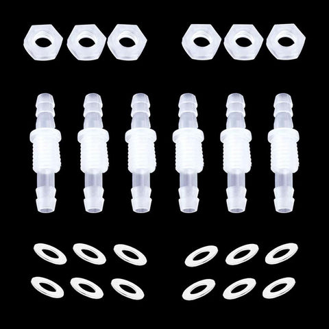 Six translucent white 1/4-inch plastic hose-barb bulkhead fittings with six hex nuts and six washers, Amazon ANPTGHT kit