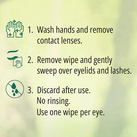 Instructions for using Tea Tree Eyelid Wipes With Hyaluronic Acid Chamomile Aloe Individually Wrapped, including hand washing and wiping steps.