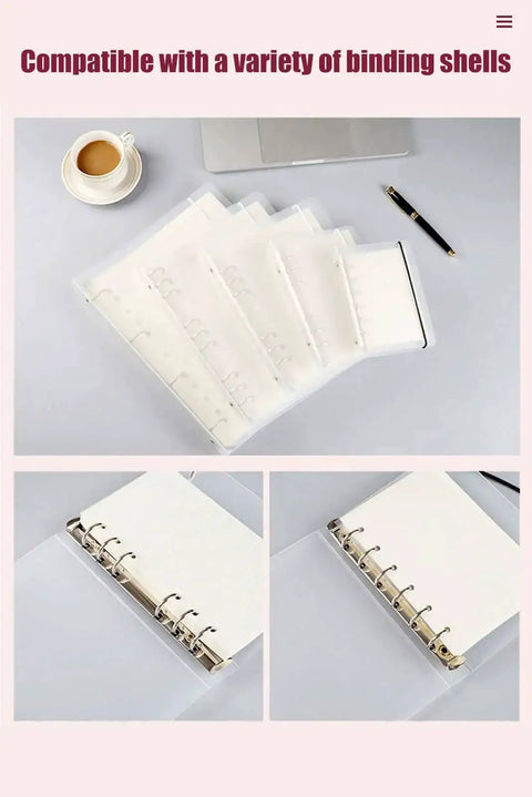 Assorted clear binder covers and inserts with pen and coffee cup on desk