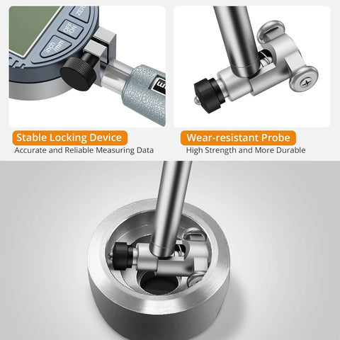 Close-up of Ultra Precise Digital Dial Bore Gauge for Engine Cylinder Measurements with probe and locking device.