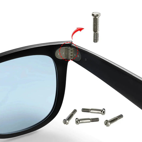 Four Replacement Hinge Screws for Wayfarer RB2140 RB4340 Sunglasses and Eyeglasses, shown with screwdriver for repair