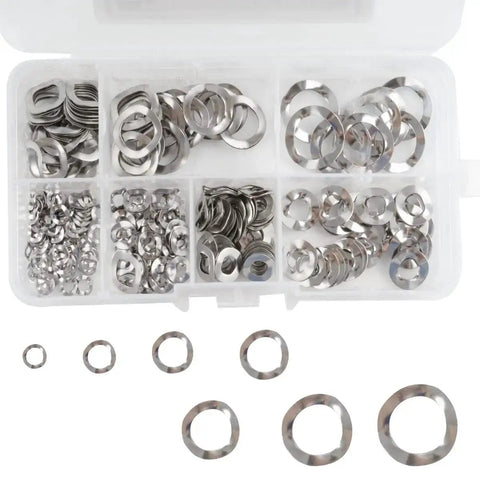 Open box of 295 Pcs 304 Stainless Steel Spring Wave Washer Set With 7 Sizes M3 M4 M5 M6 M8 M10 M12 For Automotive Home Improvement Machinery And DIY Projects Heavy Duty Fasteners And Gaskets