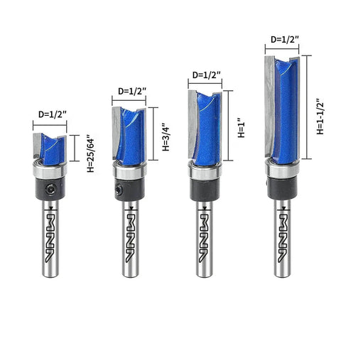 Pattern Flush Trim Router Bit Set With Top Bearing, 4 Pc Kit For Edging Veneer Or Laminate And Duplicating Parts With Templates, 1/4 Inch Shank, Cutting Heights 25/64, 3/4, 1, 1-1/2 Inch, Carbide For Clean, Precise Edges