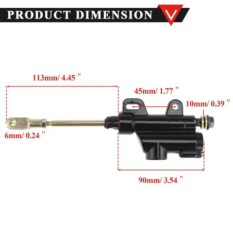 10mm Banjo Rear Hydraulic Foot Brake Master Cylinder For Dirt Bikes And ATVs, black finish, durable aluminum, dimensions labeled.