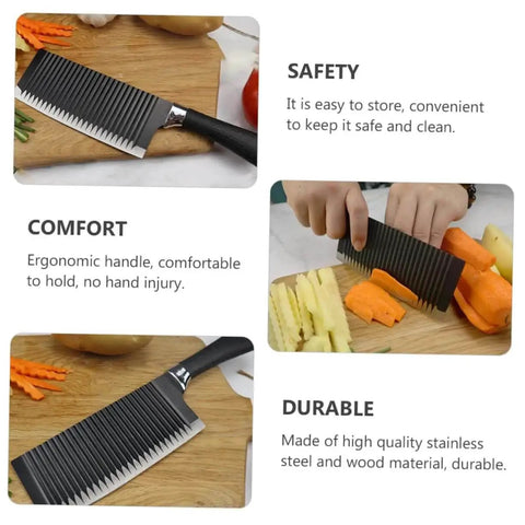 Wavy Cutter For Vegetables And Fruits Stainless Steel Crinkle Slicer Cuts Potatoes Carrots Onions Cheese And More, Durable Crinkle Knife displayed on a cutting board with carrots and potatoes, highlighting safety, comfort, and durability features.
