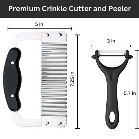 Crinkle Cutter And Waffle Fry Cutter Set With Peeler For Potatoes And Vegetables, Stainless Steel Kitchen Tool shown with dimensions.