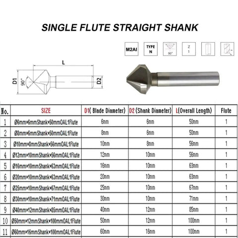 90 Degree Chamfer Countersink 1 Flute End Mill Drill Bit, HSS M2AI Uncoated, product specifications table and diagram.