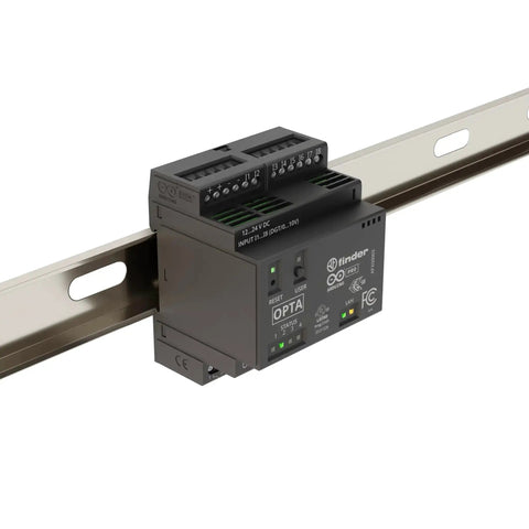 Opta Lite Industrial IoT Controller installed on a DIN rail, showing digital I/O and Modbus support for real-time automation.