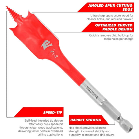 Close-up of red spade bit from Six Piece Spade Bit Set For Wood With Angled Spur Teeth For Clean Holes And Fast Drilling In Cordless And Corded Impact Drivers Diablo DSP2920 S6 For Clean Fast Results You Can Trust, showing angled spur cutting edge, speed tip, and impact strong features.