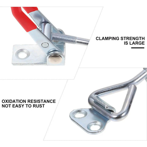 Close-up of Eight Piece Adjustable Iron Toggle Latch Clamps with Quick Release, zinc plated, showing oxidation resistance and clamping strength.