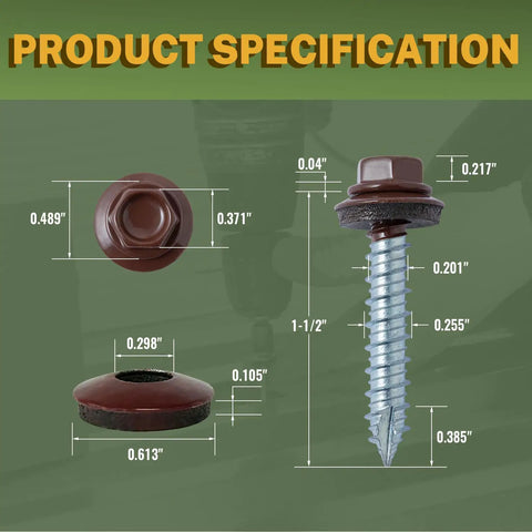 Heavy Duty Metal Roofing Screws For Roofing And Siding 14 By One And A Half Inch 300 Pack Brown Painted Anti Corrosion Coating Easy Install Hex Head With Rubber Washer Sharp Point Hex Socket Included 1022A Carbon Steel By LIONMAX product with specifications showing dimensions and hex head.