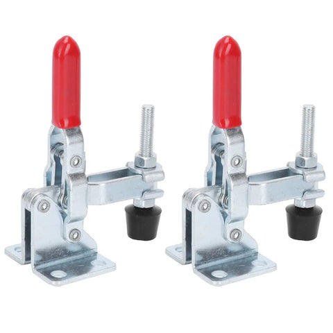 Front view of two anti slip quick release toggle clamps for metal plates and circuit boards, with non slip grip and plastic handles.