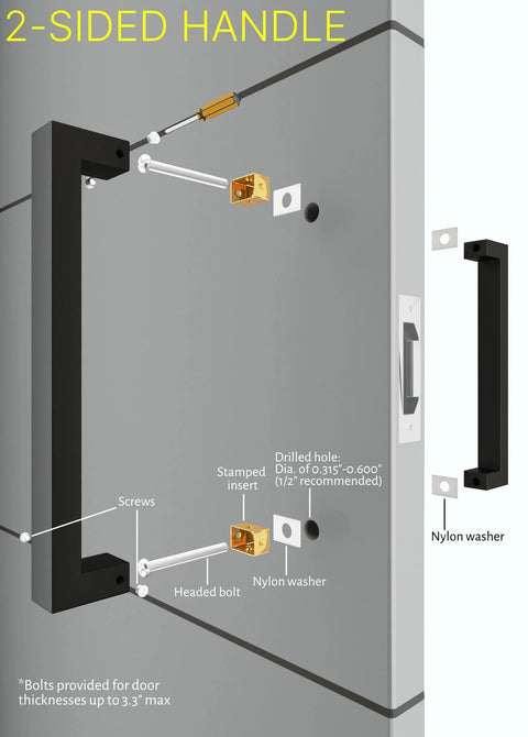 Diagram of 24 Inch Back To Back Modern Stainless Steel Door Handle Set In Matte Black Finish For Interior And Exterior Doors displaying installation details on a gray door.