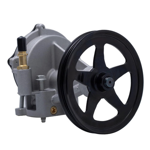 Brake vacuum pump with black pulley, gray housing, brass vacuum port