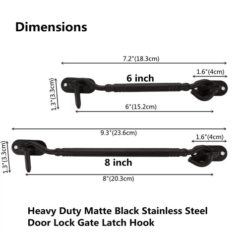 Image showing dimensions of 8-Inch Heavy Duty Barn Door Hook and Eye Latch in black finish, with 6 and 8-inch options.