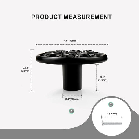 Black Floral Embossed Solid Zinc Alloy Cabinet Handles 4 Pack For Single Hole Installations shown with measurements and screw dimensions.