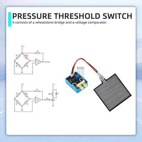 Two RP-S40-ST thin film pressure sensors with a blue control module and square sensing pad.