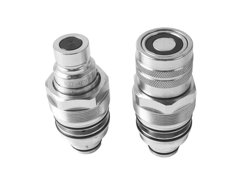 Hydraulic flat-face coupler kit with male and female connectors, chrome-plated, Φ46mm threads, O-ring seals.