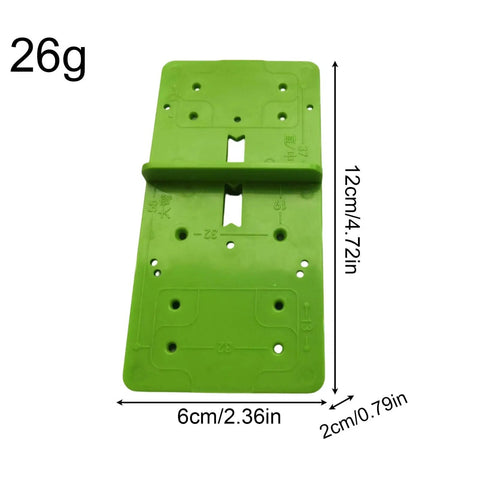 Front view of 35mm Hinge Template Router Jig for Cabinets Drawers and Furniture Doors with dimensions, green color, plastic material.