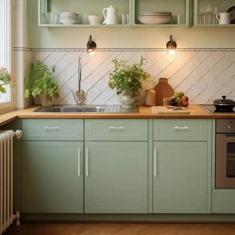 Kitchen with green cabinets featuring brushed nickel and gold cabinet pulls, sink, and countertop accessories.