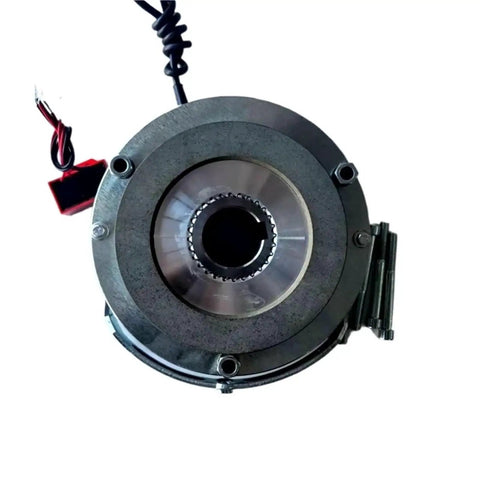 Electromagnetic brake holding assembly, round metal housing with toothed inner bore and red/black wiring connector