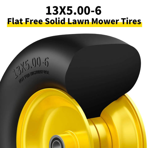 Close-up view of 2 Pack Flat Free Tire And Wheel Set For Lawn Mower, 13x5.00-6 Front Tires, Solid Polyurethane, Yellow Hub