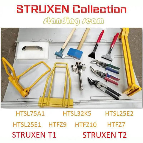 Collection of roofing tools including Eaves Seam Locker WPMS-T5 and other folding, hemming tools for metal roofing projects.