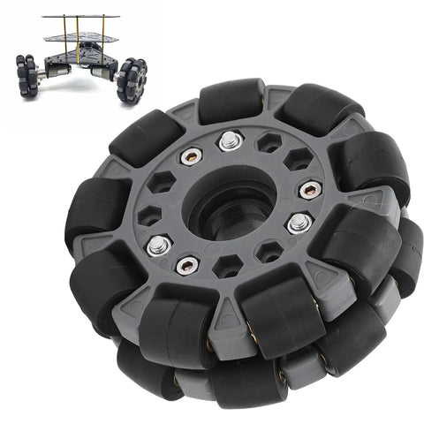 100mm Double Plastic Omnidirectional Wheel for Robots with 20kg load capacity, showing rubber roller for 360-degree movement.