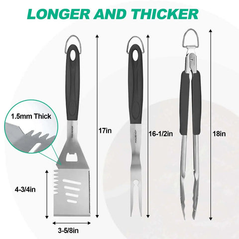 Heavy Duty BBQ Tool Set With Spatula, Fork And Tongs In Premium Stainless Steel, various sizes and measurements displayed