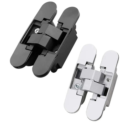Invisible Cross Hinge 180 Degree Concealed Folding Door Hinge for cabinets and cupboards, adjustable hardware in black and silver.
