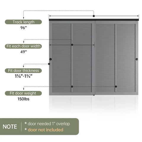 Diagram of 8 Ft Bypass Double Sliding Pocket Door Hardware Kit in Aluminum and Black Modern Style showing dimensions and features