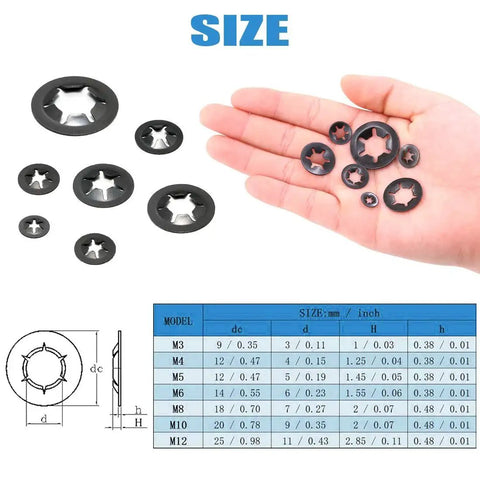 Internal-tooth starlock push-on locking washers set, 280 pcs, black; assorted sizes shown in hand and on size chart