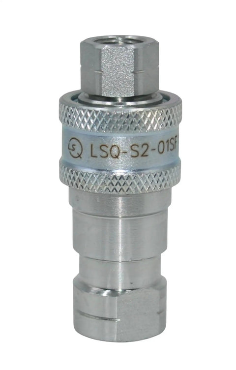 One Eighth Inch NPT Hydraulic Quick Connect Couplings ISO 7241 B For Tractor Hydraulics Quick Disconnect With Red Dust Caps Two Sets Included Replace HNV 18 NPT Male Female 1 GPM 5000 PSI -20 To 100 Degrees F coupling front view