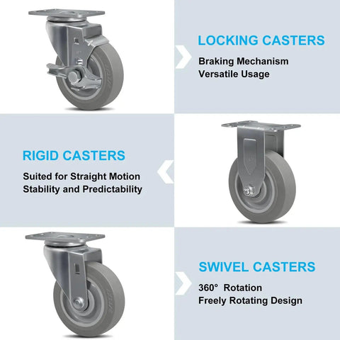 Four Inch Non Marking Thermo Rubber Caster Wheels Set Of Four Swivel Industrial Grade Heavy Duty Casters for carts, furniture and workbenches, featuring locking, rigid, and swivel designs with 1200 pound load capacity.