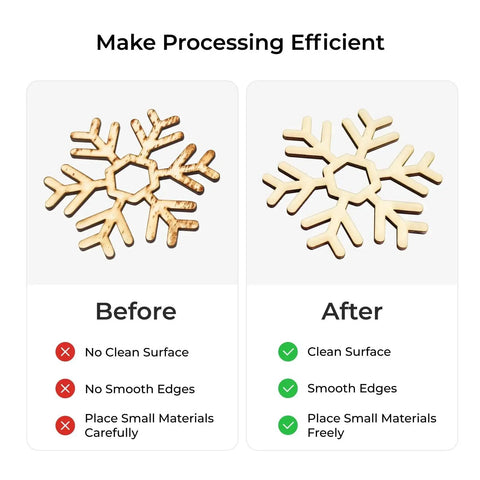 Comparison of cut wood snowflakes showing before and after effects of using the Premium Honeycomb Working Panel 2.0 for P2 and P2S Laser Engravers By xTool Pro Grade Fit Fewer Drops Maximum Efficiency Easy Setup For Batch Engraving Keeps Pieces From Falling Or Burning.