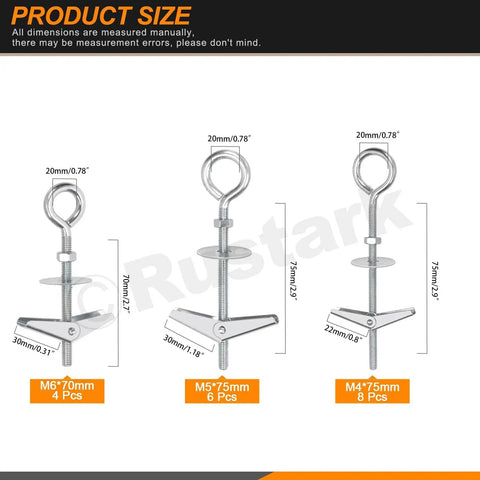 Front view of 18 Pieces M4 M5 M6 O Shaped Eye Bolt Toggle Anchors Kit For Drywall Hanging Plants And Mounts, shown in various sizes.