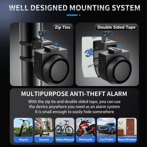 Wireless Remote Bike Alarm With 115dB Siren Motion Sensor shown with zip tie and double-sided tape mounting options for vehicles