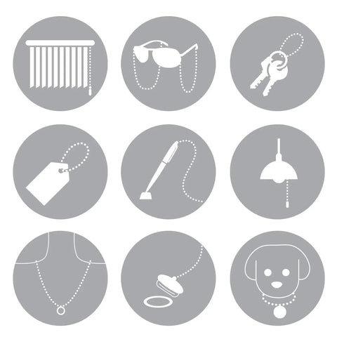 Illustration showing uses of 100 Pack 6 Inch 2.3mm Stainless Steel Ball Chains With Connectors for tags, keys, crafts, and displays.