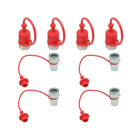 Four Pack One Half Inch Ag Hydraulic Quick Connect Couplers With Matching Caps For Half Inch Ag Thread ISO 5675 Body Rated To 3600 PSI