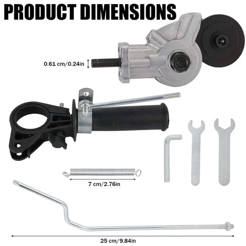 Pro Grade Drill Nibbler Kit For Sheet Metal Cutting Attachment dimensions with adapter, connecting rod wrenches, and accessories displayed