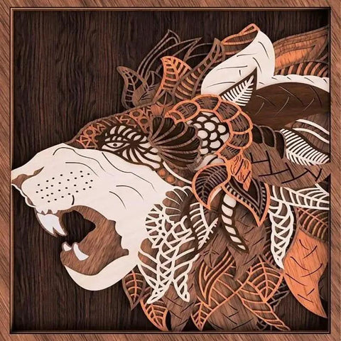 Intricately laser-cut lion design in wood, showcasing detailed patterns and textures, ideal for art and decoration.