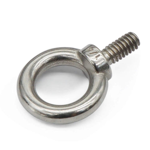 Close-up of a single Four Pack Quarter Inch UNC Eye Bolt, 316 Stainless Steel Marine Grade Shoulder Lifting Ring, heavy duty rigging bolt.