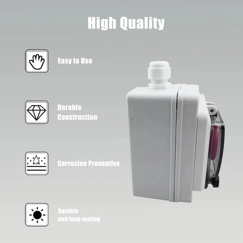 Side view of Outdoor IP67 Waterproof Emergency Stop Button With Enclosed Box 660V 10A for industrial use, showcasing durability icons.