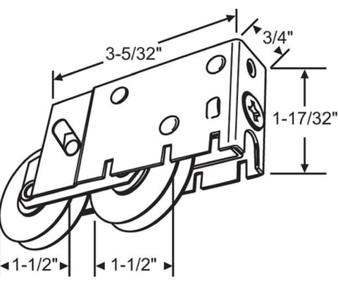 Technical diagram showing dimensions of Sliding Glass Door Tandem Roller Replacement Kit With Precision Bearing Stainless Steel Wheels.