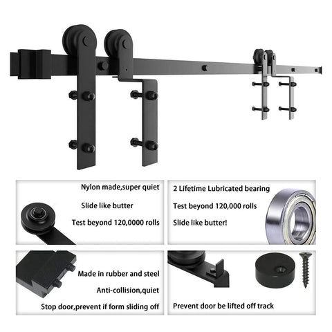 Heavy Duty Sliding Barn Door Rail Beefy Hardware Kit For Double Doors Monorail Track System Smooth Quiet Operation Carbon Steel Construction Supports Up To 150kg No Door Included Bypass Style, showing rail components and bearings.