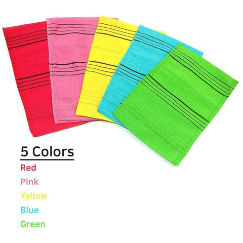 Korean Exfoliating Mitt Bath Washcloth For Back And Body Large 5 Colors, with red, pink, yellow, blue, green washcloths displayed.
