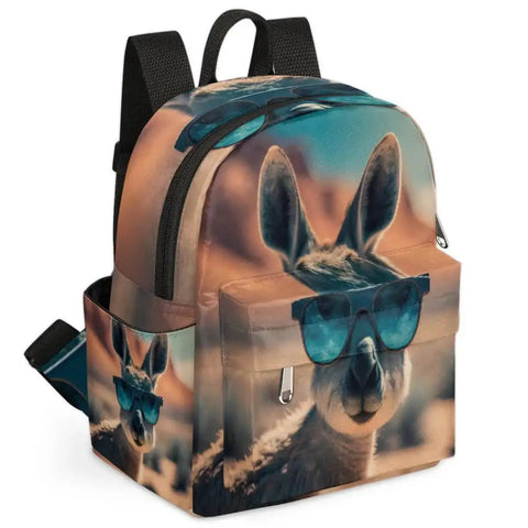 Mini Backpack Purse For Women With Adjustable Straps featuring kangaroo design with sunglasses on front view.