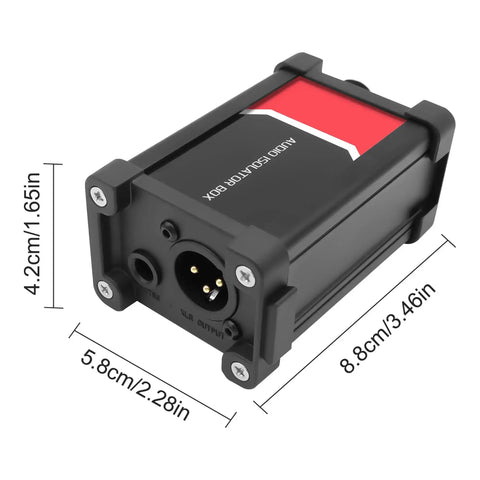 Audio Isolator Box For XLR And 1/4 Inch TRS Gear, black metal, compact size with input ports, ground lift switch highlighted
