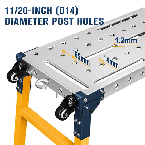 Beefy 2 In 1 Welding Table And Metal Work Bench With Casters 55 X 14 Inch Galvanized Top close-up showing diameter post holes